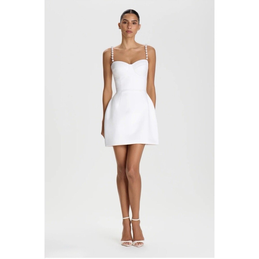 NADINE MERABI Sia White Mini Dress Crepe Pearl Straps Women’s Size 8 / M